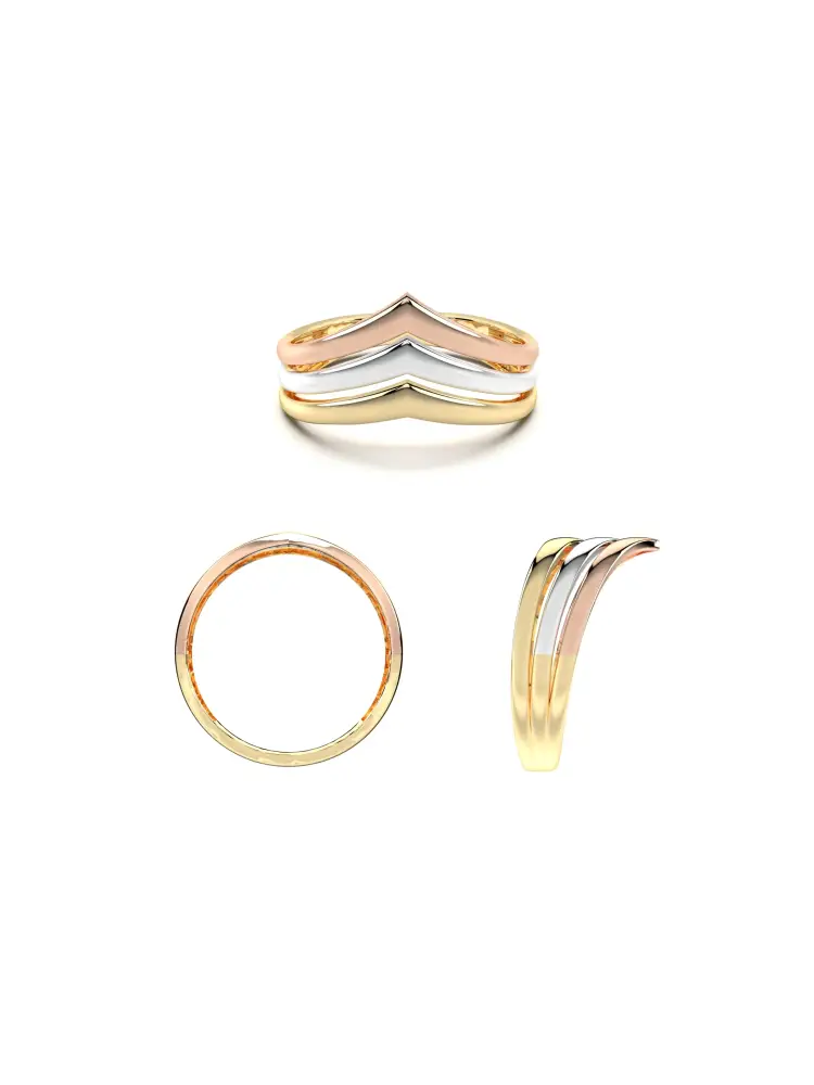 Üç Renkli V Form Minimal 14K Altın Yüzük - 8