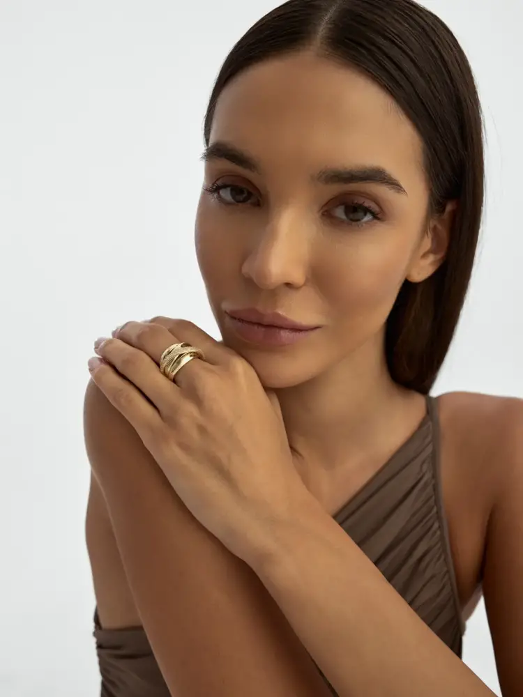 Üç Sıra Düz Bir Sıra Taşlı 14K Altın Yüzük - 3