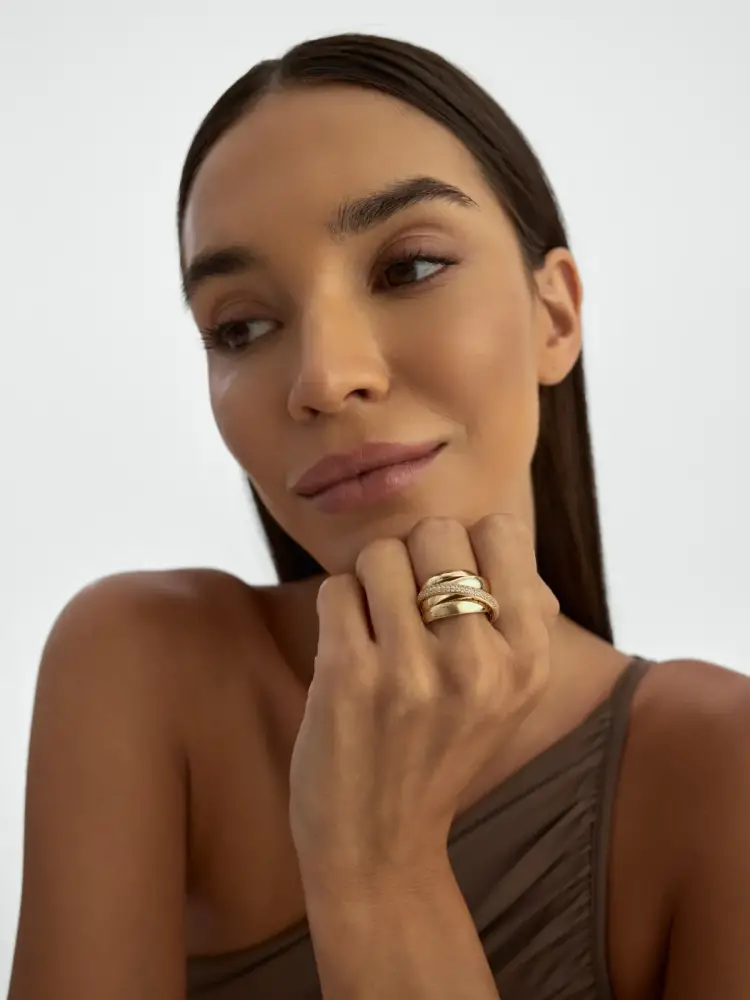 Üç Sıra Düz Bir Sıra Taşlı 14K Altın Yüzük - 4