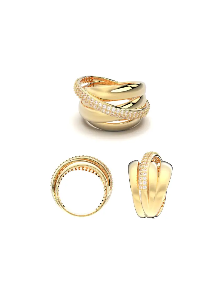 Üç Sıra Düz Bir Sıra Taşlı 14K Altın Yüzük - 8