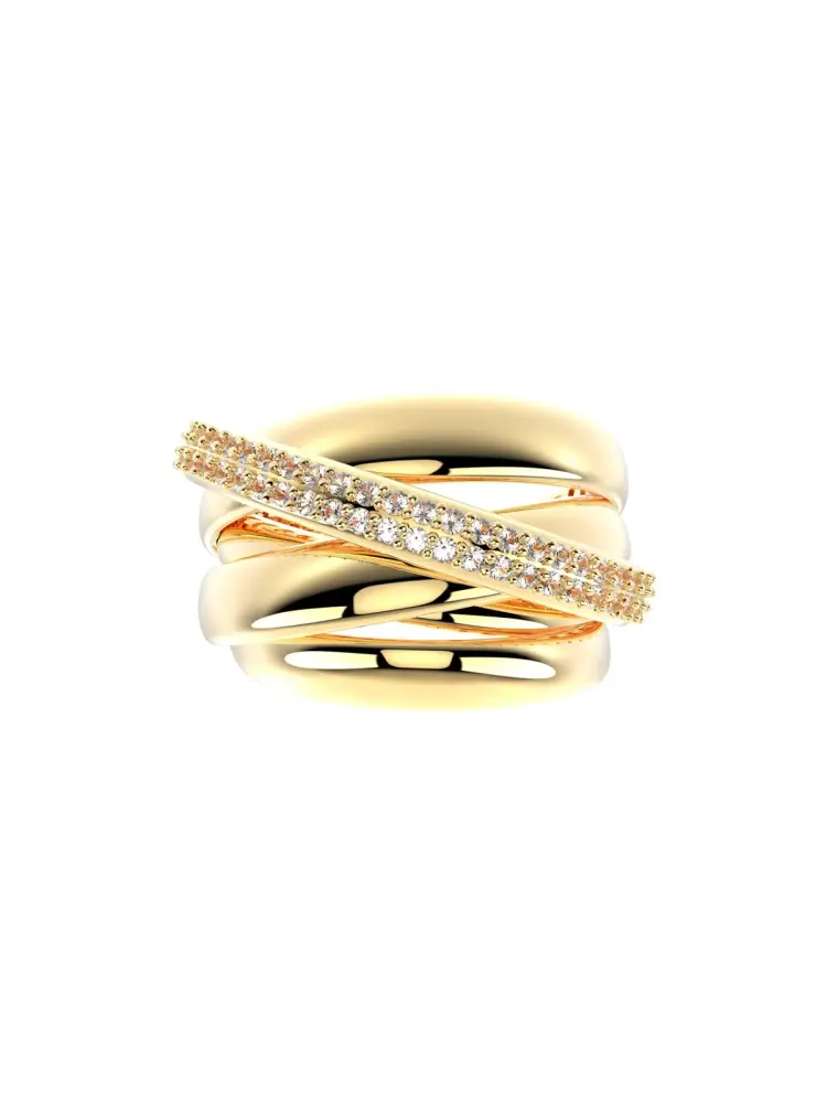 Üç Sıra Düz Bir Sıra Taşlı 14K Altın Yüzük - 5