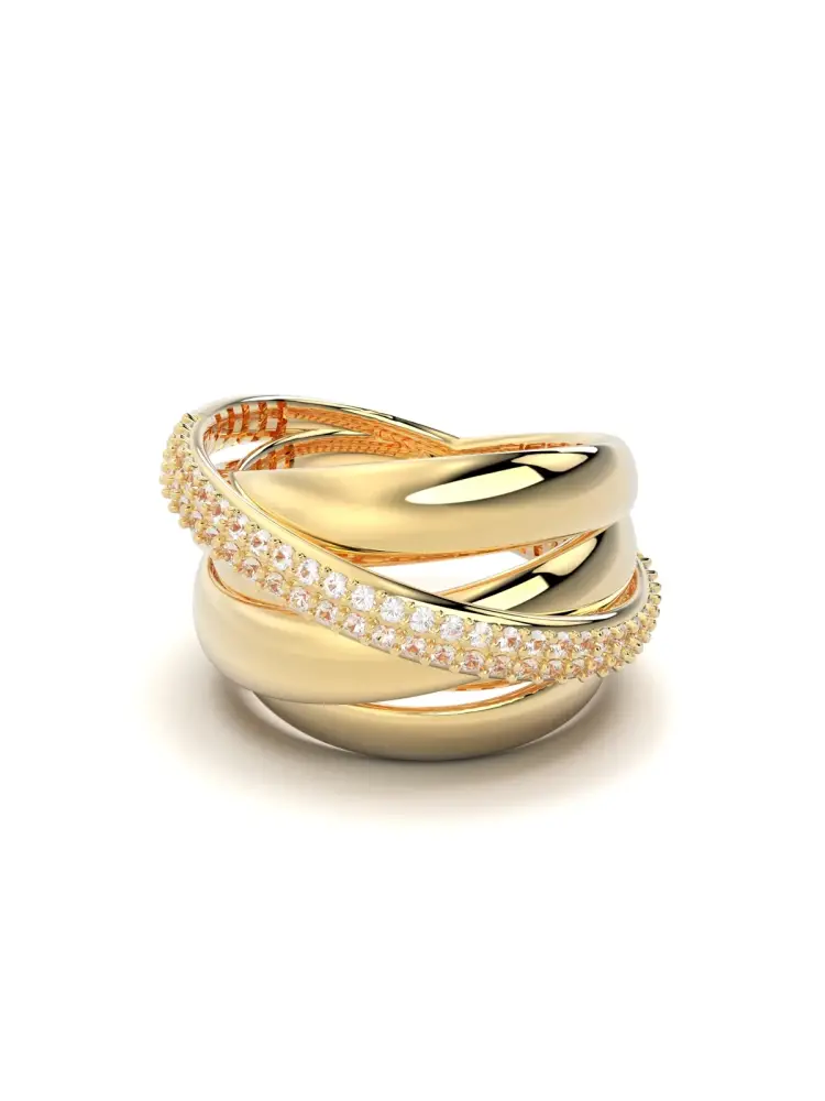 Üç Sıra Düz Bir Sıra Taşlı 14K Altın Yüzük - 1