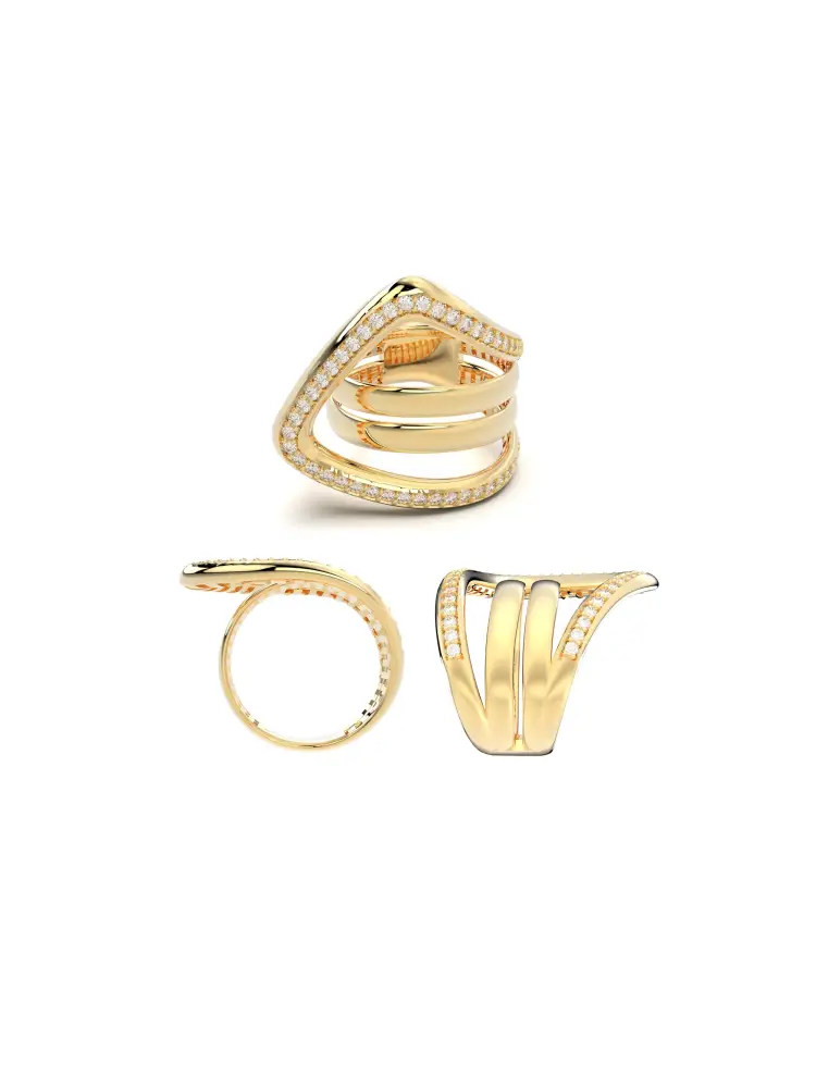 Üç Sıralı Modern V Form Taşlı 14K Altın Yüzük - 8