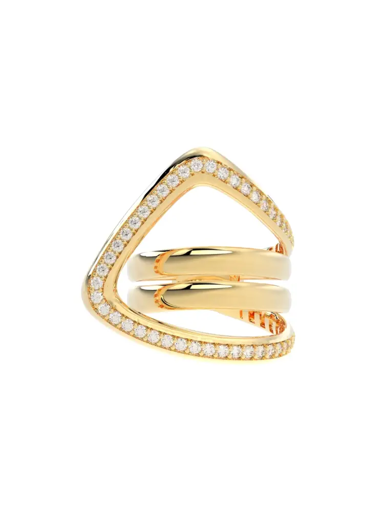 Üç Sıralı Modern V Form Taşlı 14K Altın Yüzük - 5