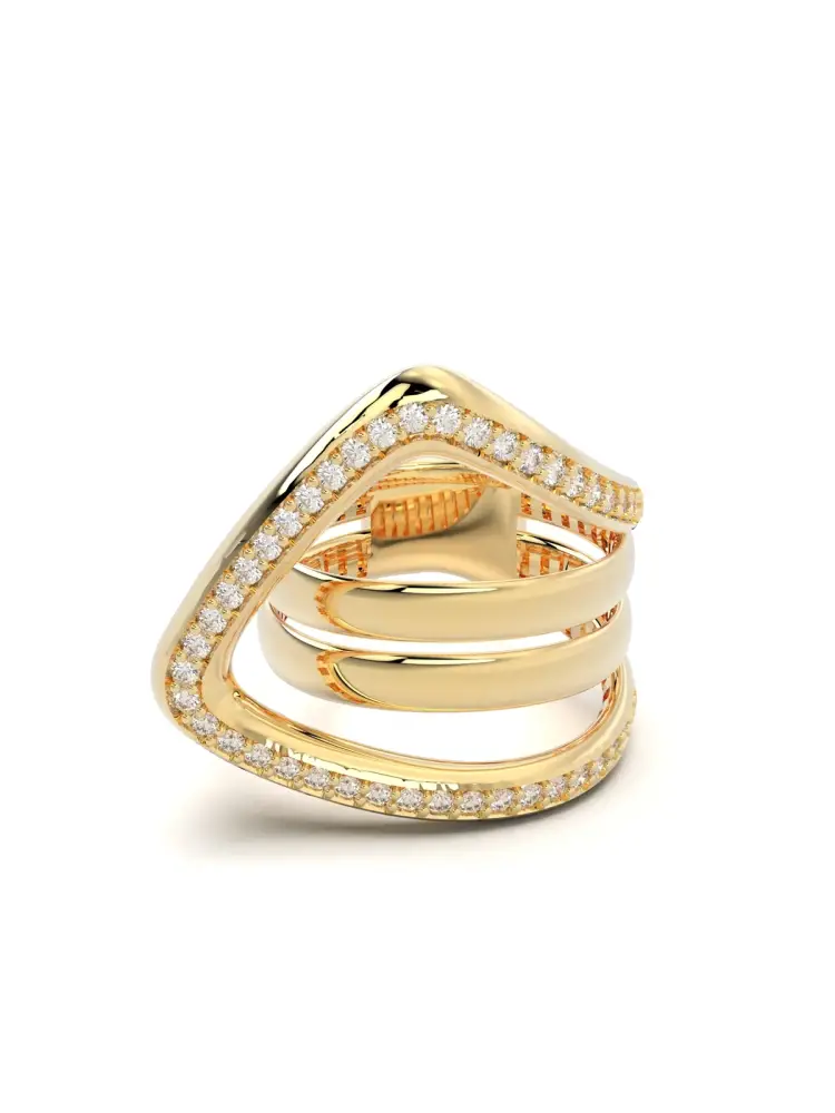 Üç Sıralı Modern V Form Taşlı 14K Altın Yüzük - 1