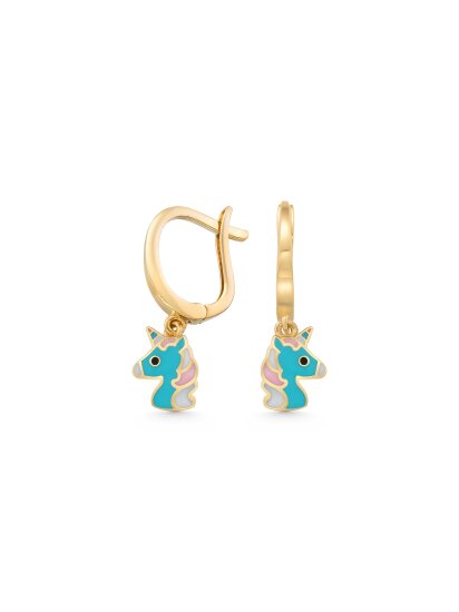 Unicorn Figürlü Mineli 14K Altın Sallantılı Çocuk Küpesi - 