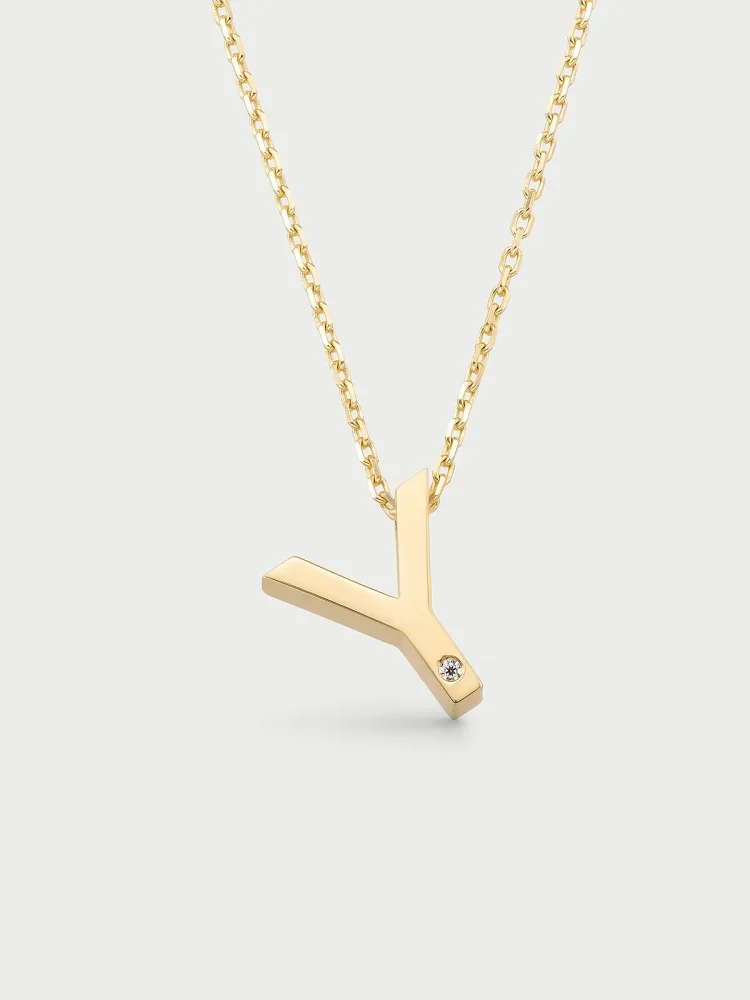 Y Harfi Taşlı 14K Altın Harf Kolye - 1