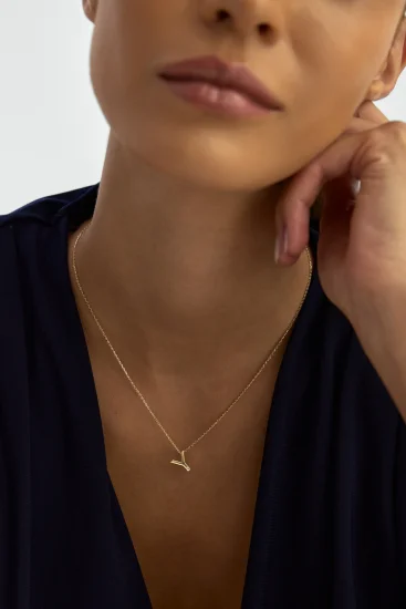 Y Harfi Taşlı 14K Altın Harf Kolye - (1)