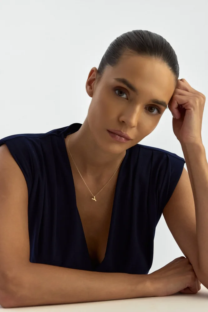 Y Harfi Taşlı 14K Altın Harf Kolye - 4