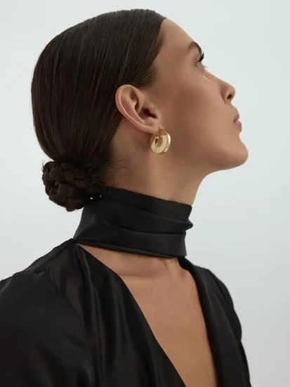 Yarım Ay Desenli Bombeli 14K Altın Küpe - (1)