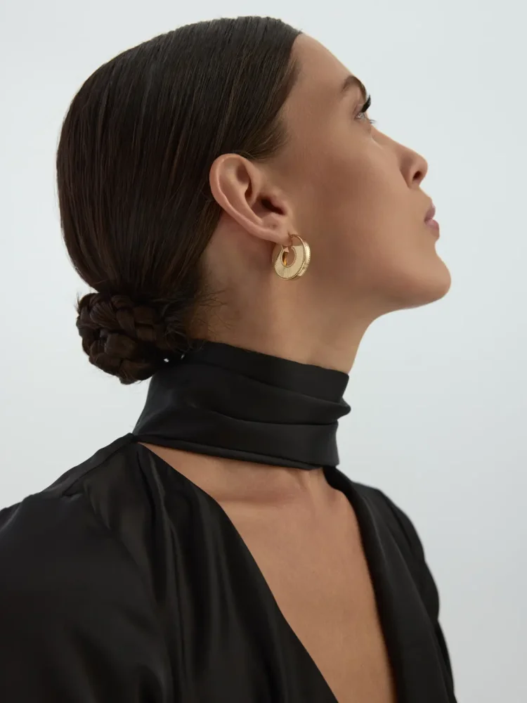 Yarım Ay Desenli Bombeli 14K Altın Küpe - 2