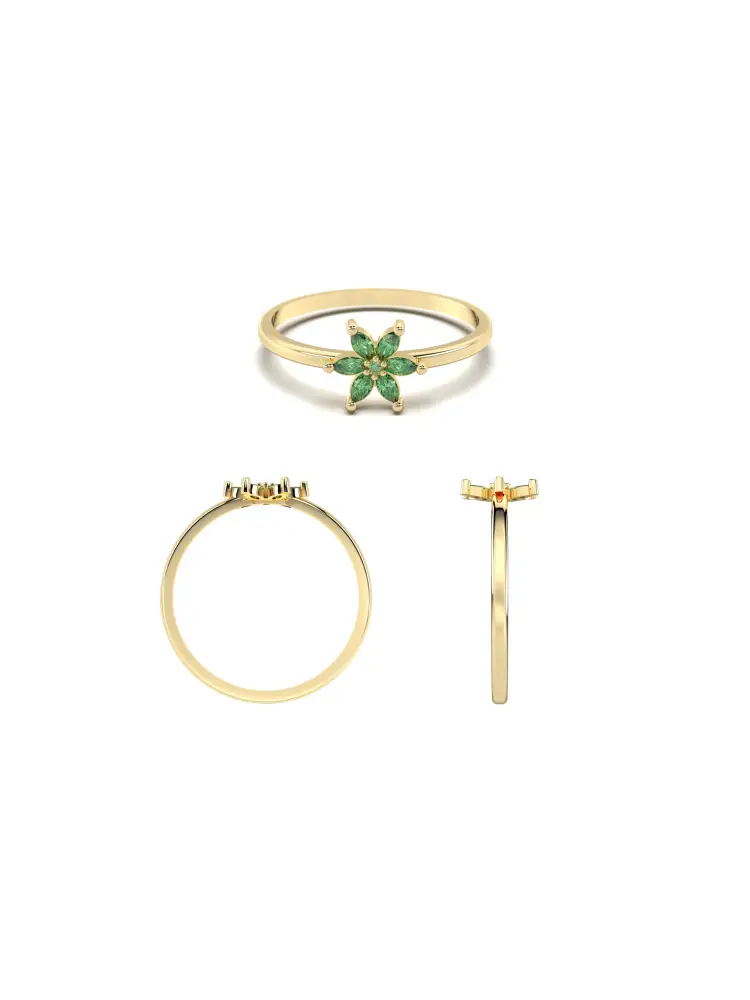 Yeşil Çiçek Formlu Minimal 14K Altın Yüzük - 8