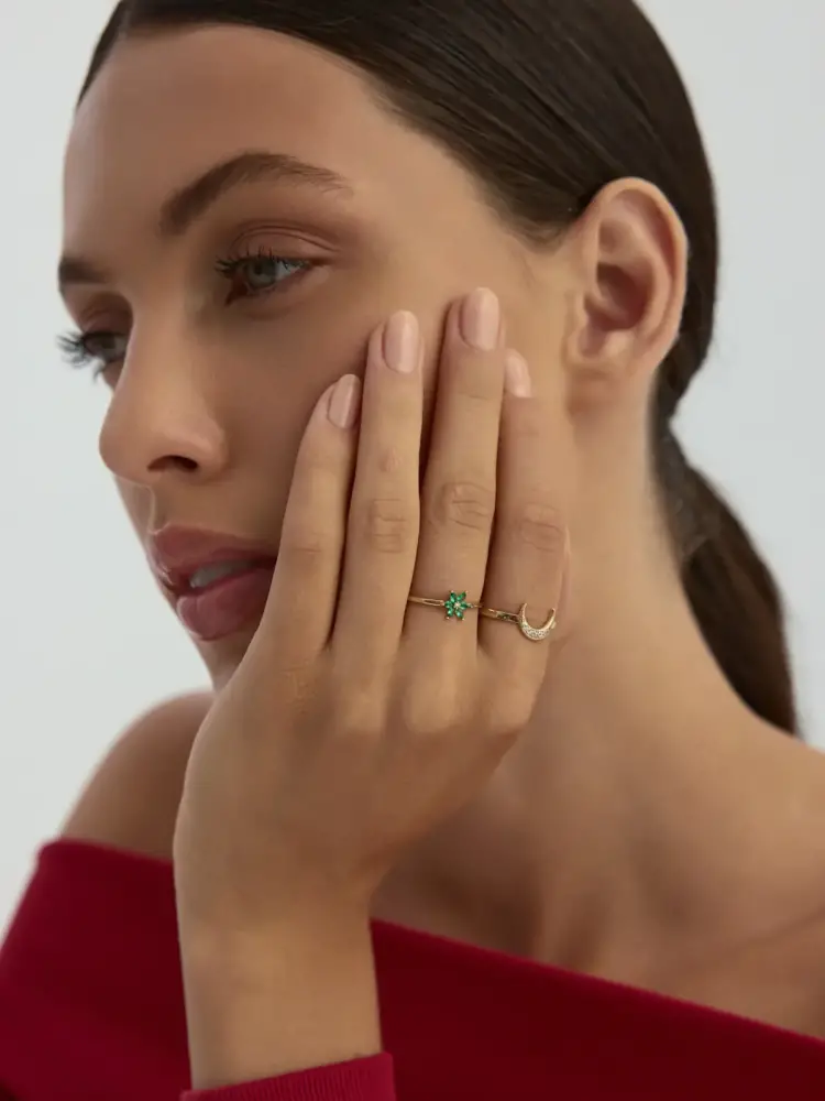 Yeşil Çiçek Formlu Minimal 14K Altın Yüzük - 4
