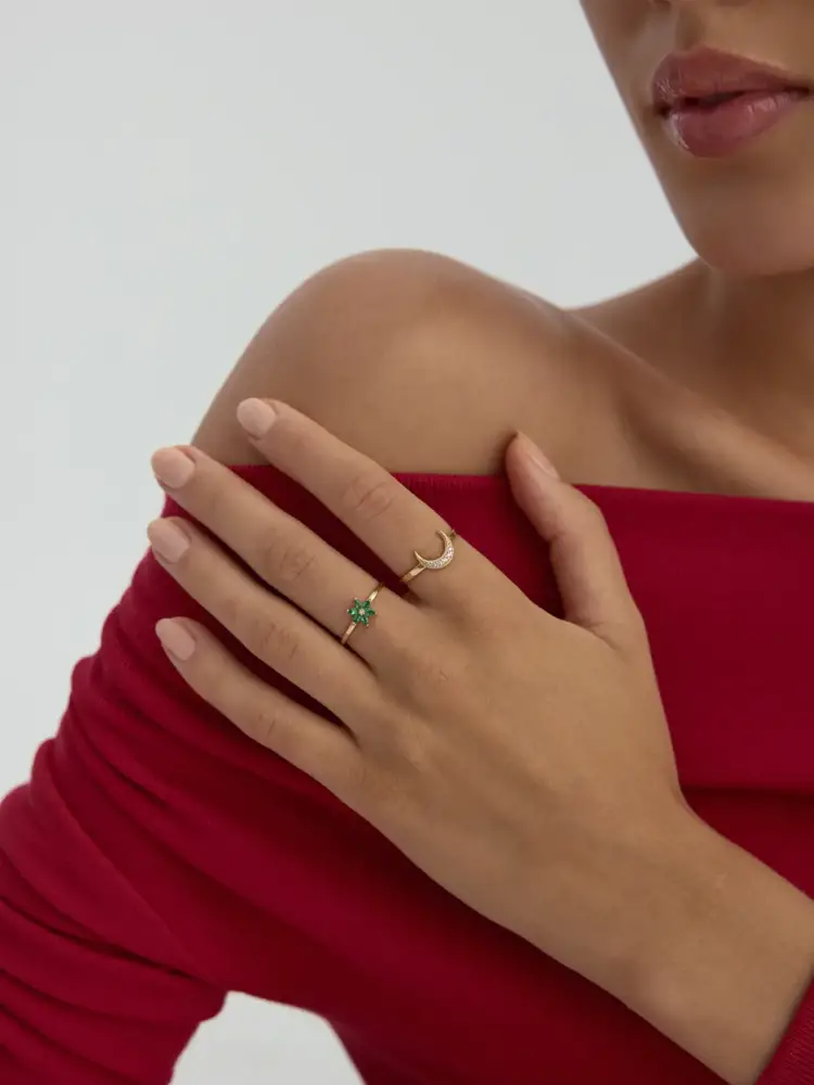 Yeşil Çiçek Formlu Minimal 14K Altın Yüzük - 3