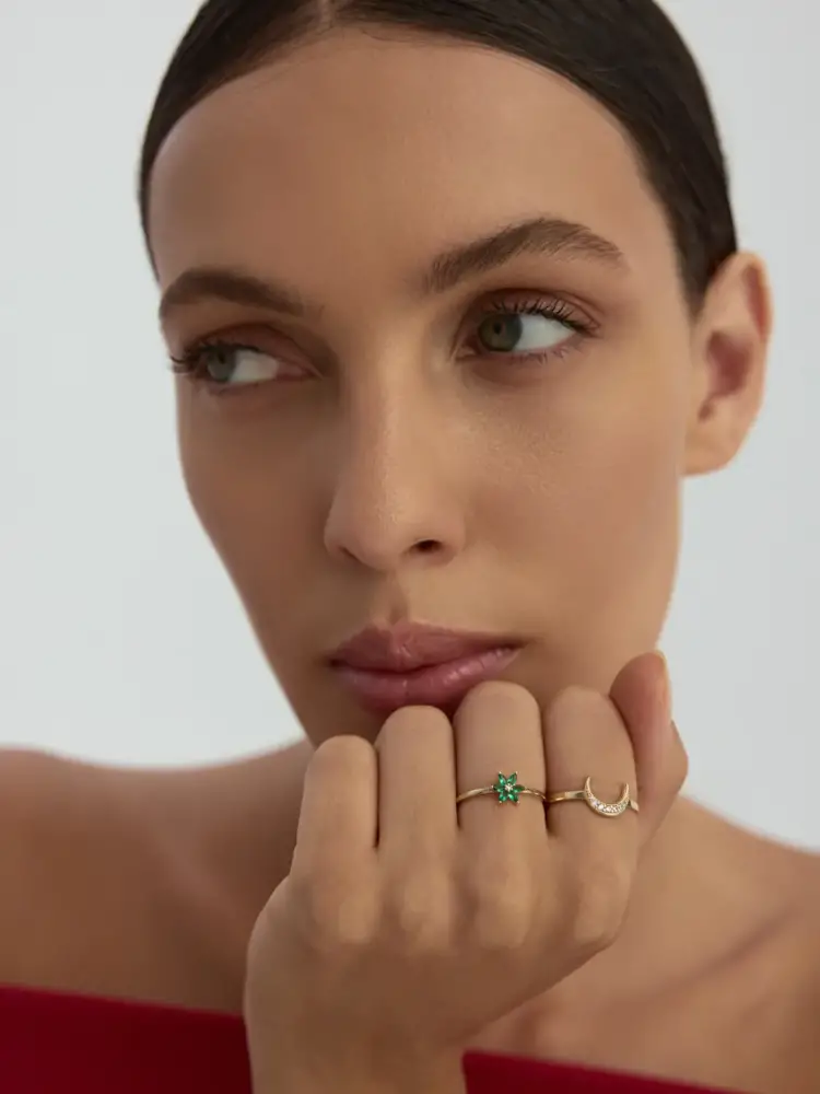 Yeşil Çiçek Formlu Minimal 14K Altın Yüzük - 2