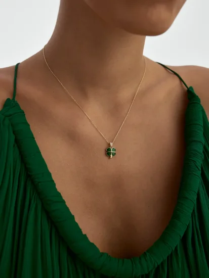 Yeşil Mineli Dört Yapraklı Yonca 14K Altın Kolye - (1)