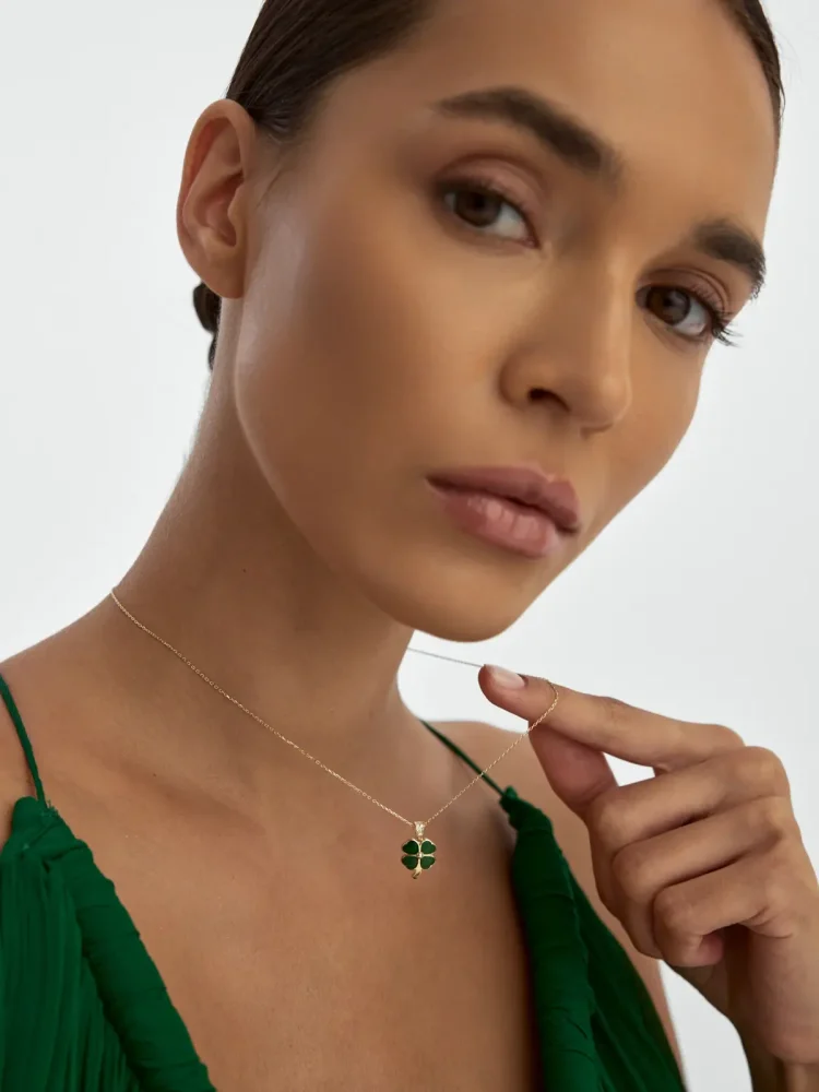 Yeşil Mineli Dört Yapraklı Yonca 14K Altın Kolye - 3
