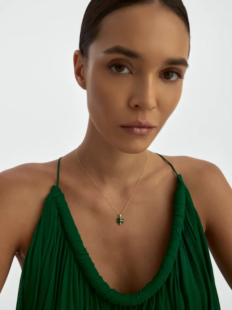 Yeşil Mineli Dört Yapraklı Yonca 14K Altın Kolye - 4