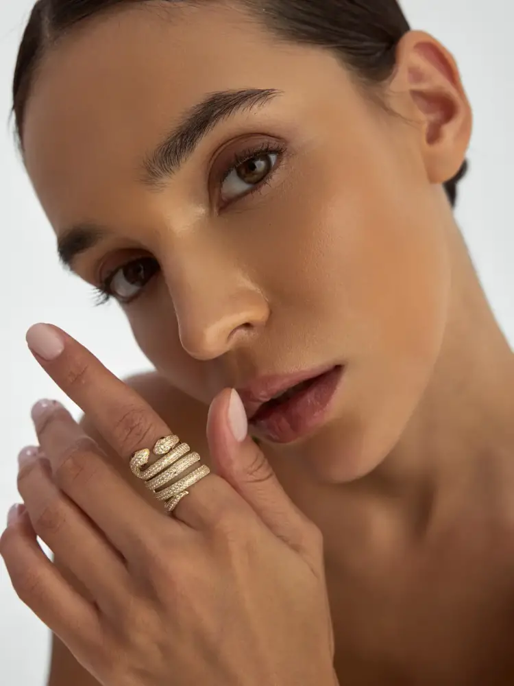 Yılan Figürlü Pırlanta Görünümlü 14K Altın Yüzük - 2