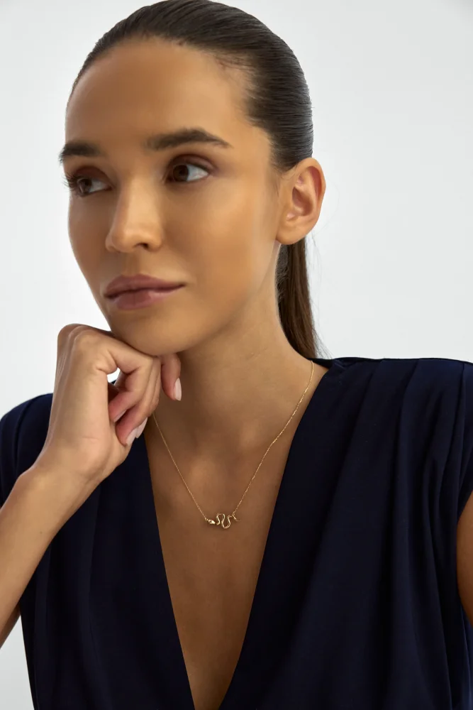  Yılan Figürlü Taşlı 14K Altın Kolye - 3