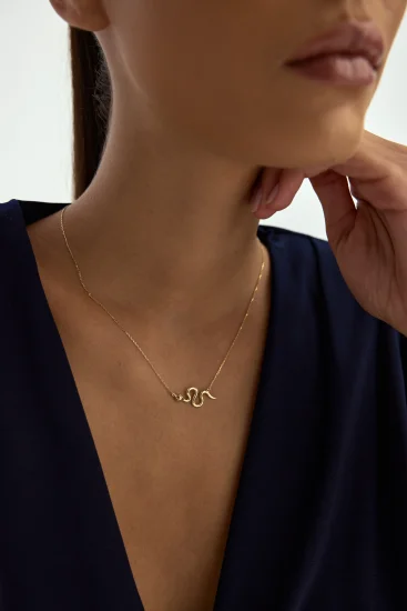  Yılan Figürlü Taşlı 14K Altın Kolye - (1)