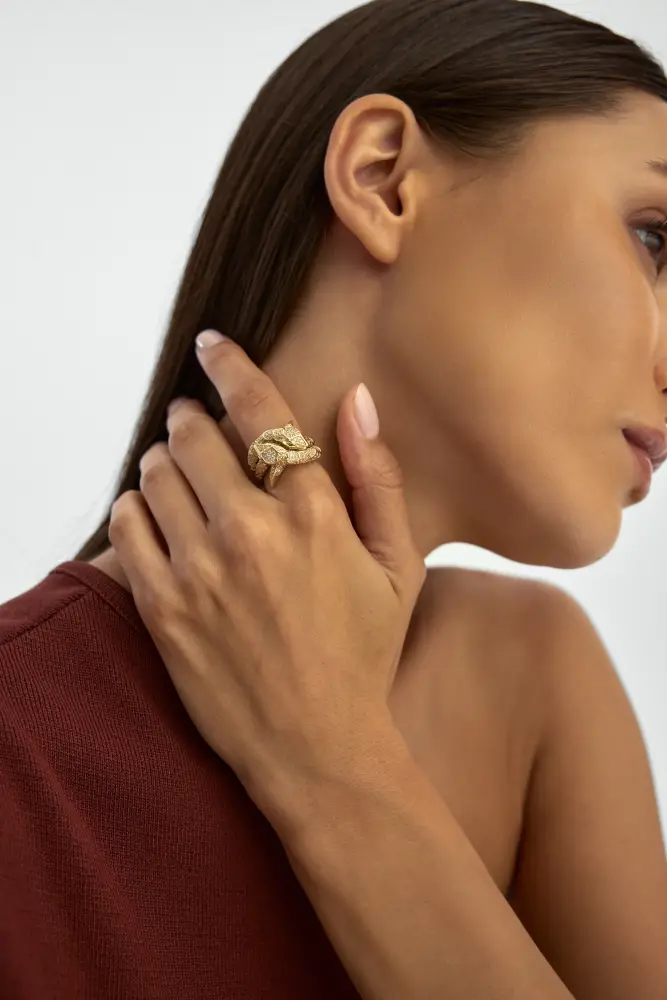 Yılan Figürlü Taşlı 14K Altın Yüzük - 4
