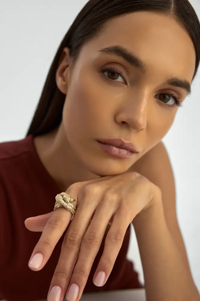 Yılan Figürlü Taşlı 14K Altın Yüzük - 2