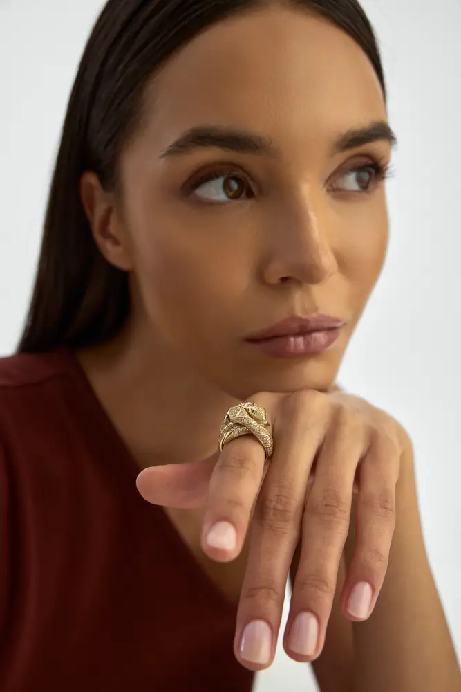 Yılan Figürlü Taşlı 14K Altın Yüzük - 3