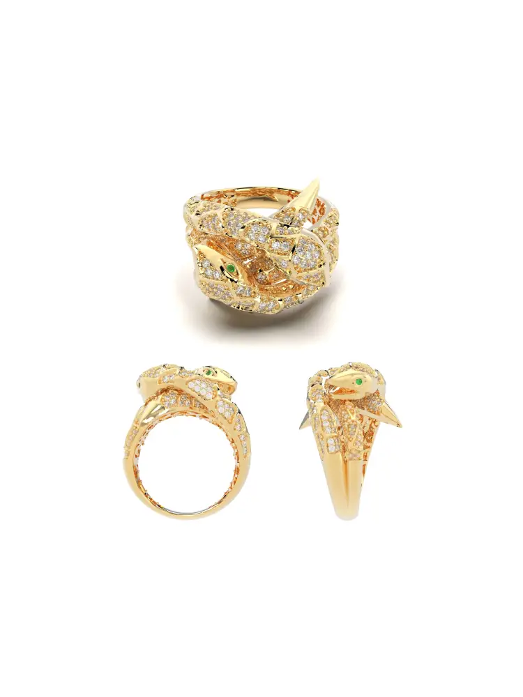 Yılan Figürlü Taşlı 14K Altın Yüzük - 8