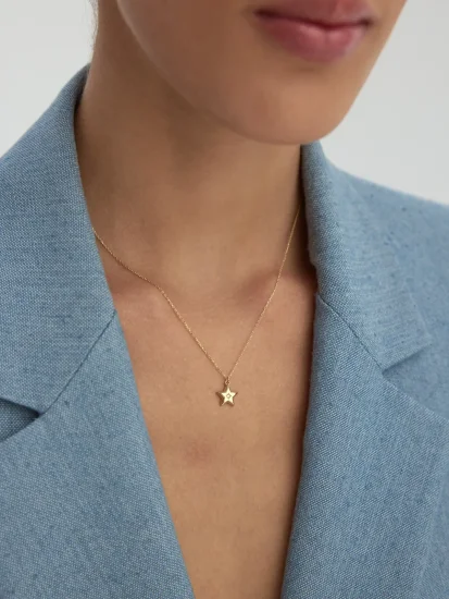 Yıldız Formlu Taşlı Kuzey Yıldızı Figürlü 14K Altın Kolye - (1)