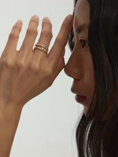 Yıldız Motifli Taş Sıralı 14K Altın Yüzük - (1)