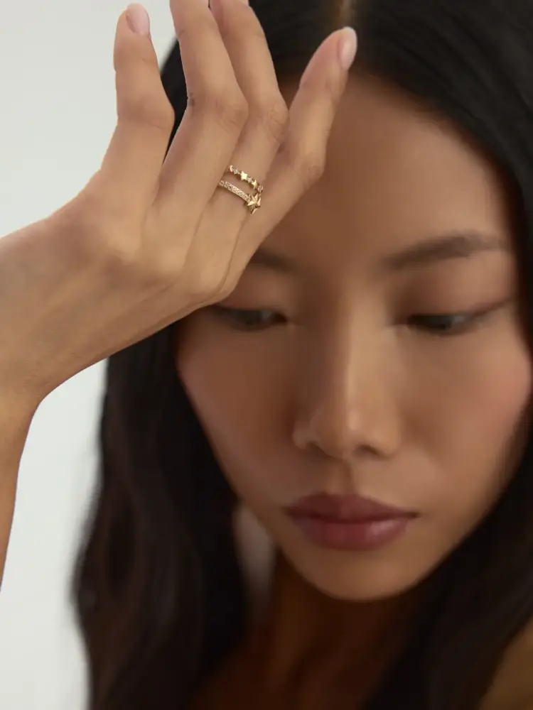 Yıldız Motifli Taş Sıralı 14K Altın Yüzük - 3