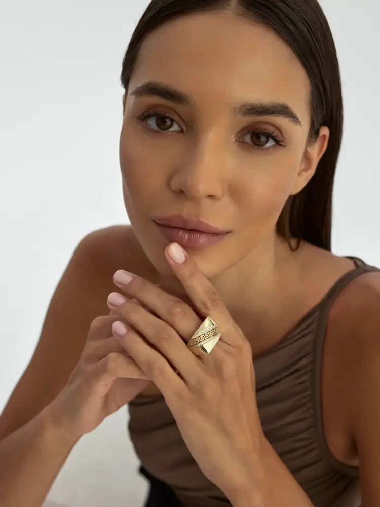 Yunan Desenli Taş Sıralı 14K Altın Yüzük - 4