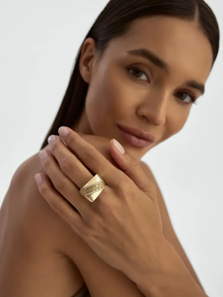 Yunan Desenli Taş Sıralı 14K Altın Yüzük - 2