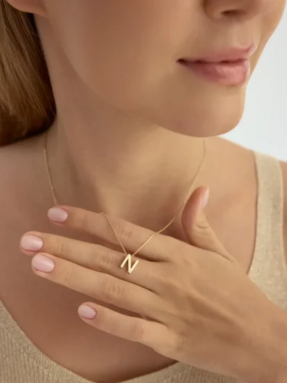 Z Harfi Taşlı 14K Altın Harf Kolye - (1)